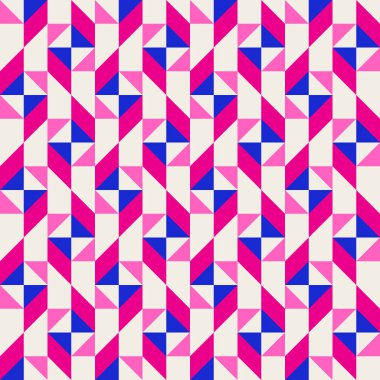 Parlak, parlak, enerjik, soyut geometrik, dikişsiz vektör deseni, renk bloğu. Yüksek kontrastlı geometrik renkli arkaplan. Pembe fuşya moru ve çivit mavisi renk kombinasyonu.