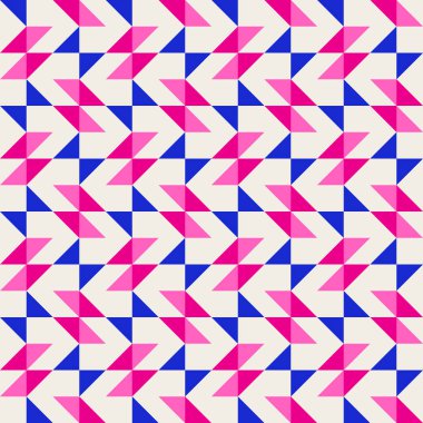 Parlak, parlak, enerjik, soyut geometrik, dikişsiz vektör deseni, renk bloğu. Yüksek kontrastlı geometrik renkli arkaplan. Pembe fuşya moru ve çivit mavisi renk kombinasyonu.