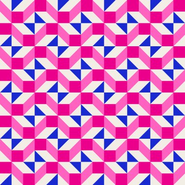 Parlak, parlak, enerjik, soyut geometrik, dikişsiz vektör deseni, renk bloğu. Yüksek kontrastlı geometrik renkli arkaplan. Pembe fuşya moru ve çivit mavisi renk kombinasyonu.