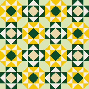 Şekillendirilmiş ayçiçeği yama biçimi, geometrik desen, pürüzsüz tekrarlayan desenler, vektör sanat tarzı, basit şekiller, düz renk yorgan blokları, retro tasarım