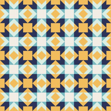Mavi ve sarı aksanlı geometrik desen, kusursuz tekrarlayan desenler, vektör sanat tarzı, basit şekiller, düz renk blokları, retro tasarım