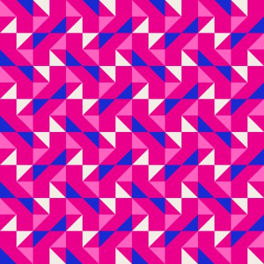 Parlak, parlak, enerjik, soyut geometrik, dikişsiz vektör deseni, renk bloğu. Yüksek kontrastlı geometrik renkli arkaplan. Pembe fuşya moru ve çivit mavisi renk kombinasyonu.
