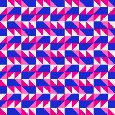 Parlak, parlak, enerjik, soyut geometrik, dikişsiz vektör deseni, renk bloğu. Yüksek kontrastlı geometrik renkli arkaplan. Pembe fuşya moru ve çivit mavisi renk kombinasyonu.
