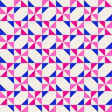 Parlak, parlak, enerjik, soyut geometrik, dikişsiz vektör deseni, renk bloğu. Yüksek kontrastlı geometrik renkli arkaplan. Pembe fuşya moru ve çivit mavisi renk kombinasyonu.
