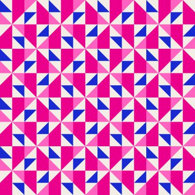 Parlak, parlak, enerjik, soyut geometrik, dikişsiz vektör deseni, renk bloğu. Yüksek kontrastlı geometrik renkli arkaplan. Pembe fuşya moru ve çivit mavisi renk kombinasyonu.