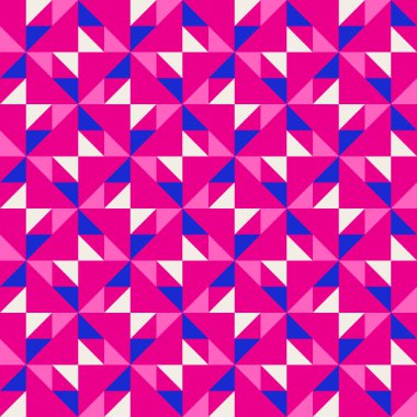 Parlak, parlak, enerjik, soyut geometrik, dikişsiz vektör deseni, renk bloğu. Yüksek kontrastlı geometrik renkli arkaplan. Pembe fuşya moru ve çivit mavisi renk kombinasyonu.