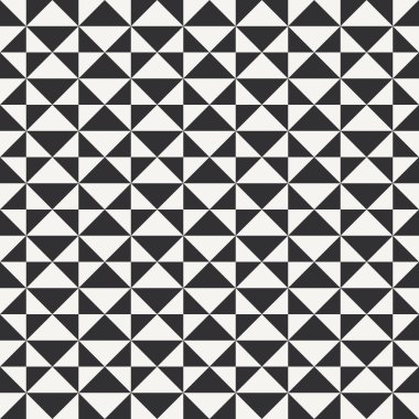 Siyah ve beyaz soyut geometrik yorgan deseni. Üçgenli yüksek kontrastlı geometrik monokrom yamalı arka plan. Basit renkler. Hatırlaması kolay. Renk bloğu vektör illüstrasyonu.