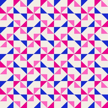 Parlak, parlak, enerjik, soyut geometrik, dikişsiz vektör deseni, renk bloğu. Yüksek kontrastlı geometrik renkli arkaplan. Pembe fuşya moru ve çivit mavisi renk kombinasyonu.