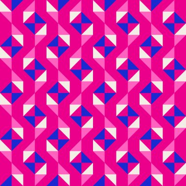 Parlak, parlak, enerjik, soyut geometrik, dikişsiz vektör deseni, renk bloğu. Yüksek kontrastlı geometrik renkli arkaplan. Pembe fuşya moru ve çivit mavisi renk kombinasyonu.