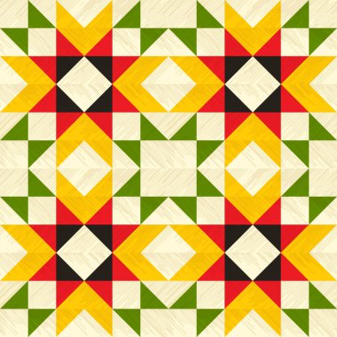 Kırsal yama deseni, dikdörtgen yorgan bloğu deseni arka plan, basit şekiller, hafif desenli, vektör çizimi, sıcak sarı, kırmızı ve yeşil renkler,