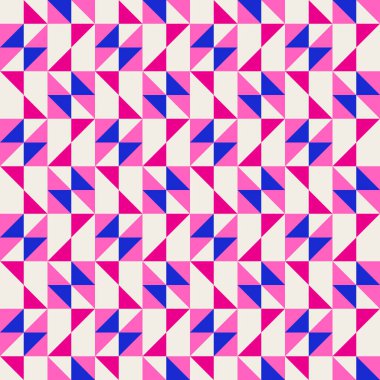 Parlak, parlak, enerjik, soyut geometrik, dikişsiz vektör deseni, renk bloğu. Yüksek kontrastlı geometrik renkli arkaplan. Pembe fuşya moru ve çivit mavisi renk kombinasyonu.