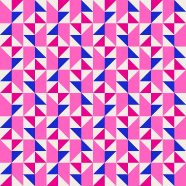 Parlak, parlak, enerjik, soyut geometrik, dikişsiz vektör deseni, renk bloğu. Yüksek kontrastlı geometrik renkli arkaplan. Pembe fuşya moru ve çivit mavisi renk kombinasyonu.