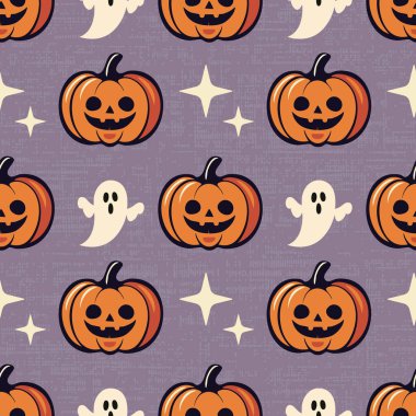 Tatlı gülümseyen balkabaklarıyla, neşeli hayaletleriyle ve tozlu geçmişe sahip dağınık yıldızlarıyla büyüleyici Cadılar Bayramı kusursuz deseni, mevsimlik projeler için sonbahar temalı dekor..