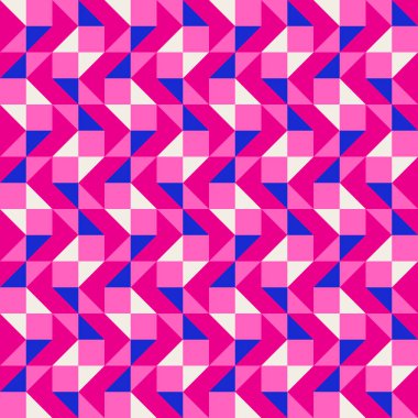Parlak, parlak, enerjik, soyut geometrik, dikişsiz vektör deseni, renk bloğu. Yüksek kontrastlı geometrik renkli arkaplan. Pembe fuşya moru ve çivit mavisi renk kombinasyonu.