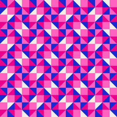 Parlak, parlak, enerjik, soyut geometrik, dikişsiz vektör deseni, renk bloğu. Yüksek kontrastlı geometrik renkli arkaplan. Pembe fuşya moru ve çivit mavisi renk kombinasyonu.