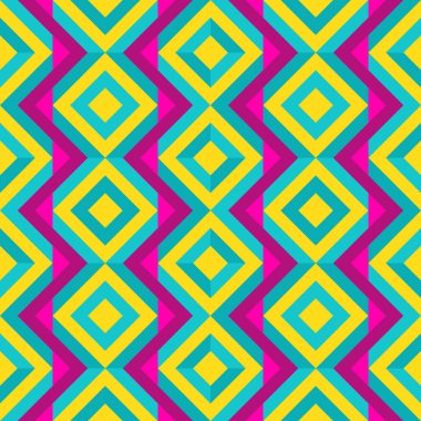 Renkli zigzaglar, elmaslar ve optik illüzyon, kusursuz geometrik vektör deseni. Kalın tasarım arkaplan, kumaş, duvar kağıdı, kapak tasarımı