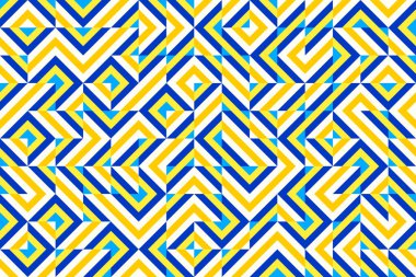 Rastgele köşegen parçacıklar, renkli zigzaglar, elmaslar ve optik illüzyon, kusursuz geometrik vektör deseni. Kalın tasarım arkaplan, kumaş, duvar kağıdı, kapak tasarımı