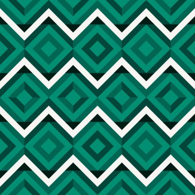 Viridyen elmaslar, renkli zikzaklar, elmaslar ve optik illüzyon, kusursuz geometrik vektör deseni. Kalın tasarım arkaplan, kumaş, duvar kağıdı, kapak tasarımı