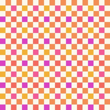 Satranç tahtasından esinlenilmiş hipnotik geometrik arkaplan. Retro renkte kareler, cesur bir optik illüzyon efekti yaratıyor, harika funky psychedelic tasarım.