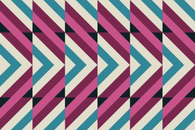 Renkli zigzaglar, elmaslar ve optik illüzyon, kusursuz geometrik vektör deseni. Kalın tasarım arka plan, kumaş, duvar kağıdı, kapak tasarımı, sessiz retro renkler,