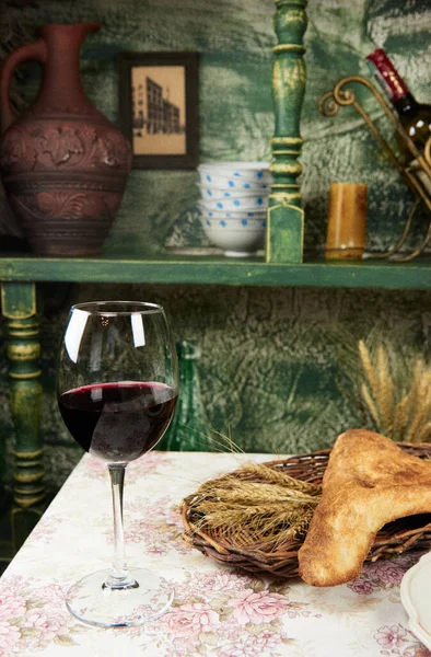 Still Life Wine Glass Red Bread — Stock Photo, Image