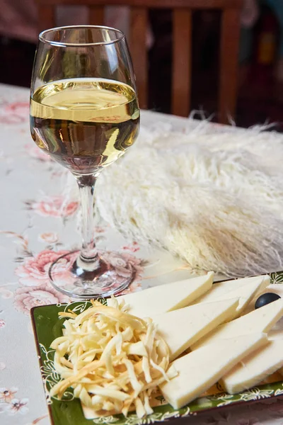 Wine Cheese Wooden Table — Stock Photo, Image