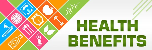 Health Benefits concept image with text and health related symbols.