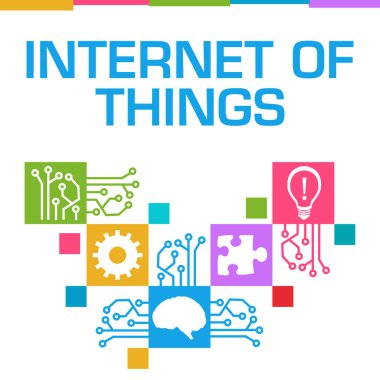 IoT - Nesnelerin İnterneti metin ve ilgili sembollerle konsept resmi.