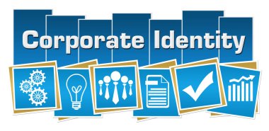 Corporate identity text written over blue background.