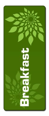 Breakfast concept image with text and green leaves.