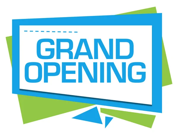 Grand opening text written over blue green background.