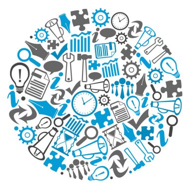 Circular background image with blue grey business symbols.