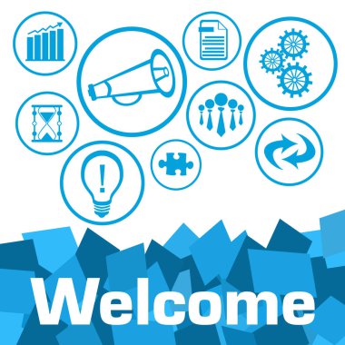 Welcome concept image with text and business symbols.