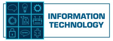 Information Technology concept image with text and technology symbols.