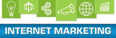 Mavi yeşil arkaplan üzerine yazılmış internet pazarlama metni.