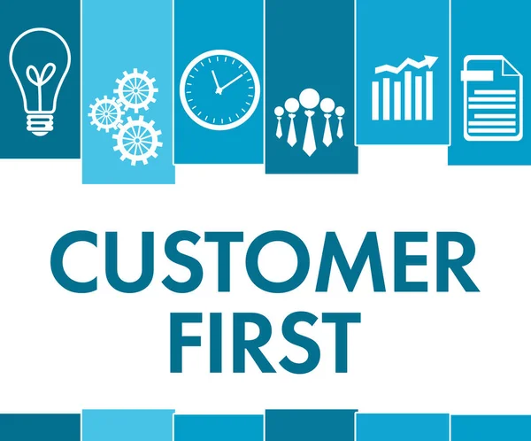 Customer first concept image with text and business symbols.