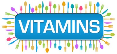 Mavi renkli arkaplan üzerine yazılmış vitamin metinleri.