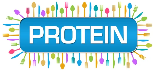 Protein text written over blue colorful background.
