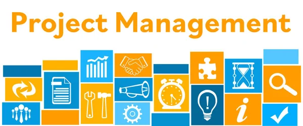 テキストおよびビジネスシンボルを含むプロジェクト管理のコンセプトイメージ — ストック写真