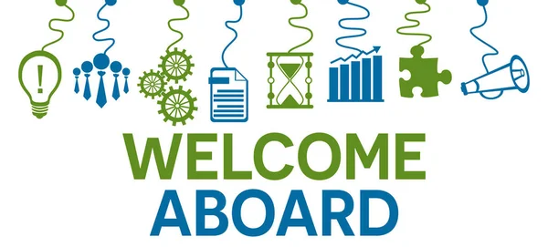 Welcome Aboard concept image with text and business symbols.
