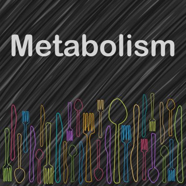 Metabolizma konsepti görüntüsü metin ve kaşık çatal bıçak renkli çizim.