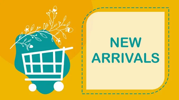 New Arrivals concept image with text and shopping cart symbol.