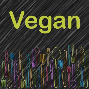 Metin ve kaşık çatal bıçak sembolleriyle vegan konsepti görüntüsü.