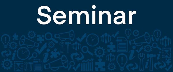 Seminar concept image with text and business symbols.