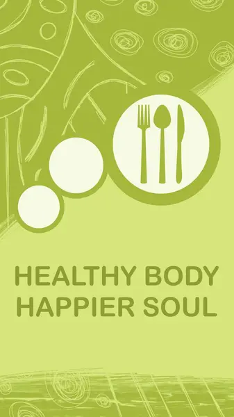 Healthy Body Happier Soul concept image with text and spoon fork knife symbols.