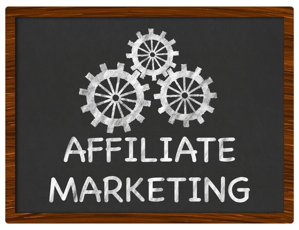 Affiliate Marketing concept image with text and gears over blackboard.