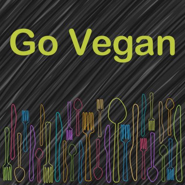 Metin ve kaşık çatal bıçak sembolleri ile Vegan konsepti görüntüsünü kullan.