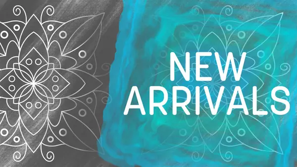 New Arrivals text written over turquoise teal grey background with mandala design element.