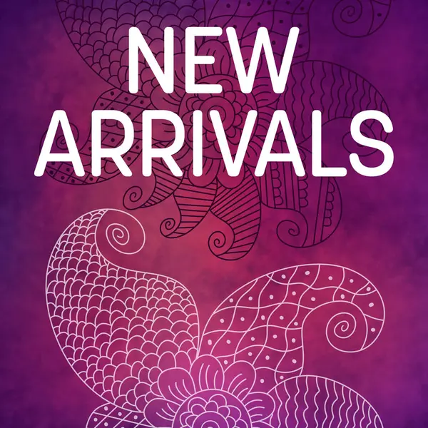 New Arrivals  text written over purple pink background with doodle element.
