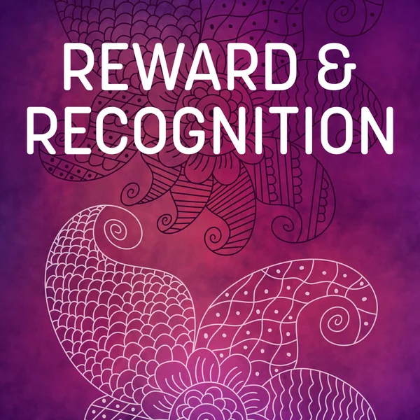 Reward And Recognition text written over purple pink background with doodle element.
